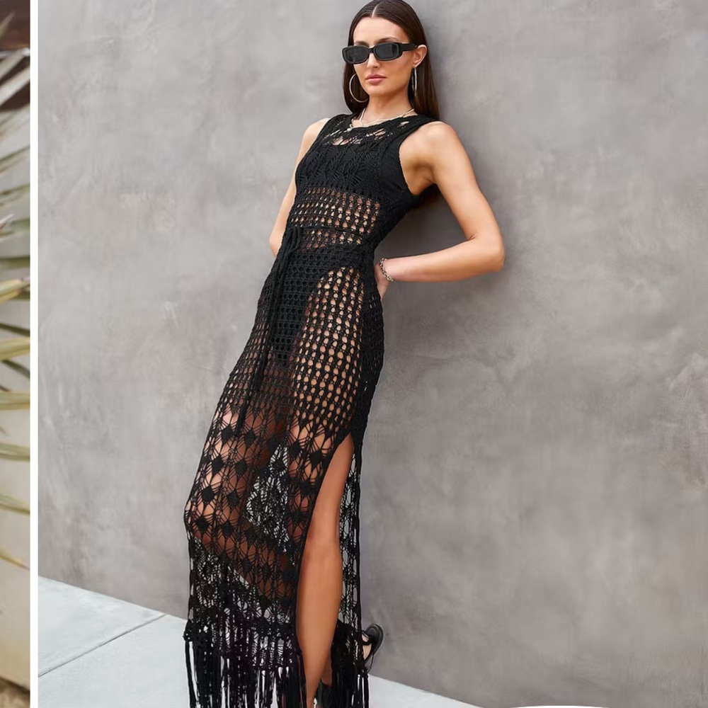 Crochet Black Fringe Cover Up